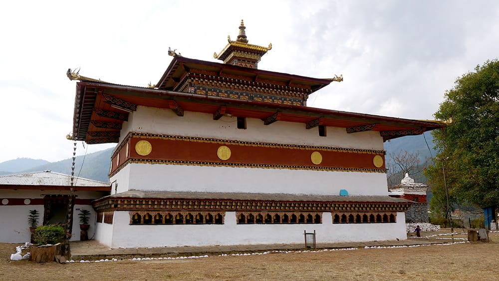 Chimi Lhakhang Punakha Bhutan temple rice fields